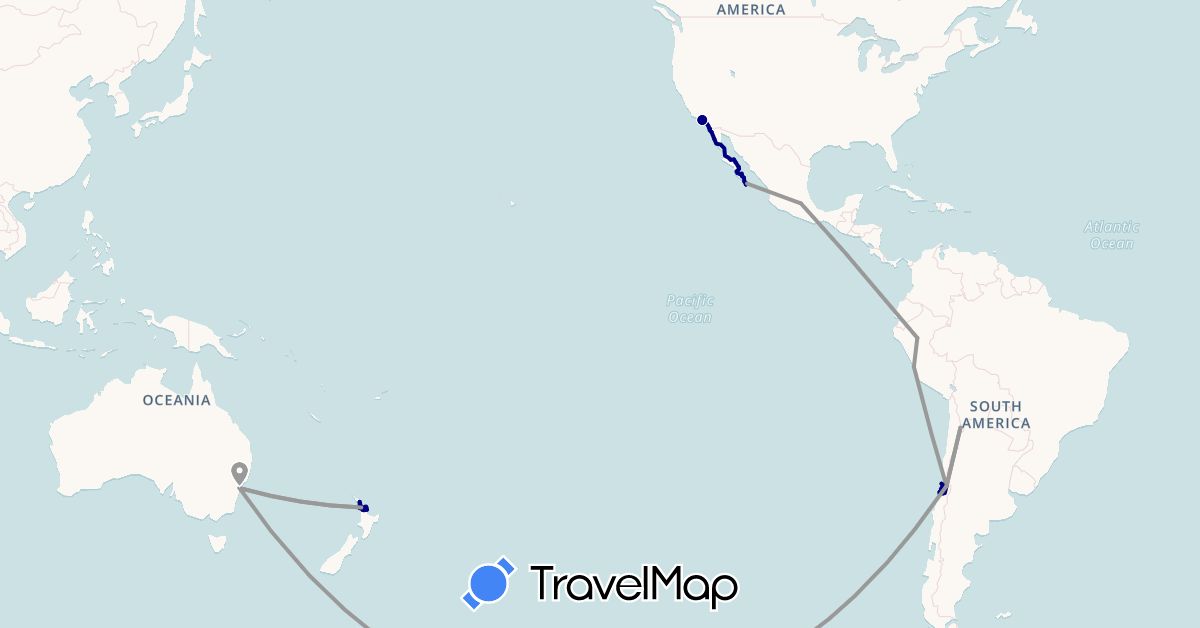 TravelMap itinerary: driving, plane in Australia, Chile, Mexico, New Zealand, Peru, United States (North America, Oceania, South America)